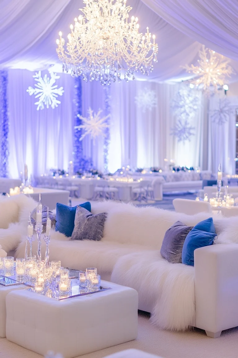 Icy Winter Wonderland Lounge, with luxurious white seating and shimmering silver accents to transport your guests to a frosty palace. – Icy Winter Wonderland Holiday Party Decor Ideas - White Blue and Silver Lounge Decor