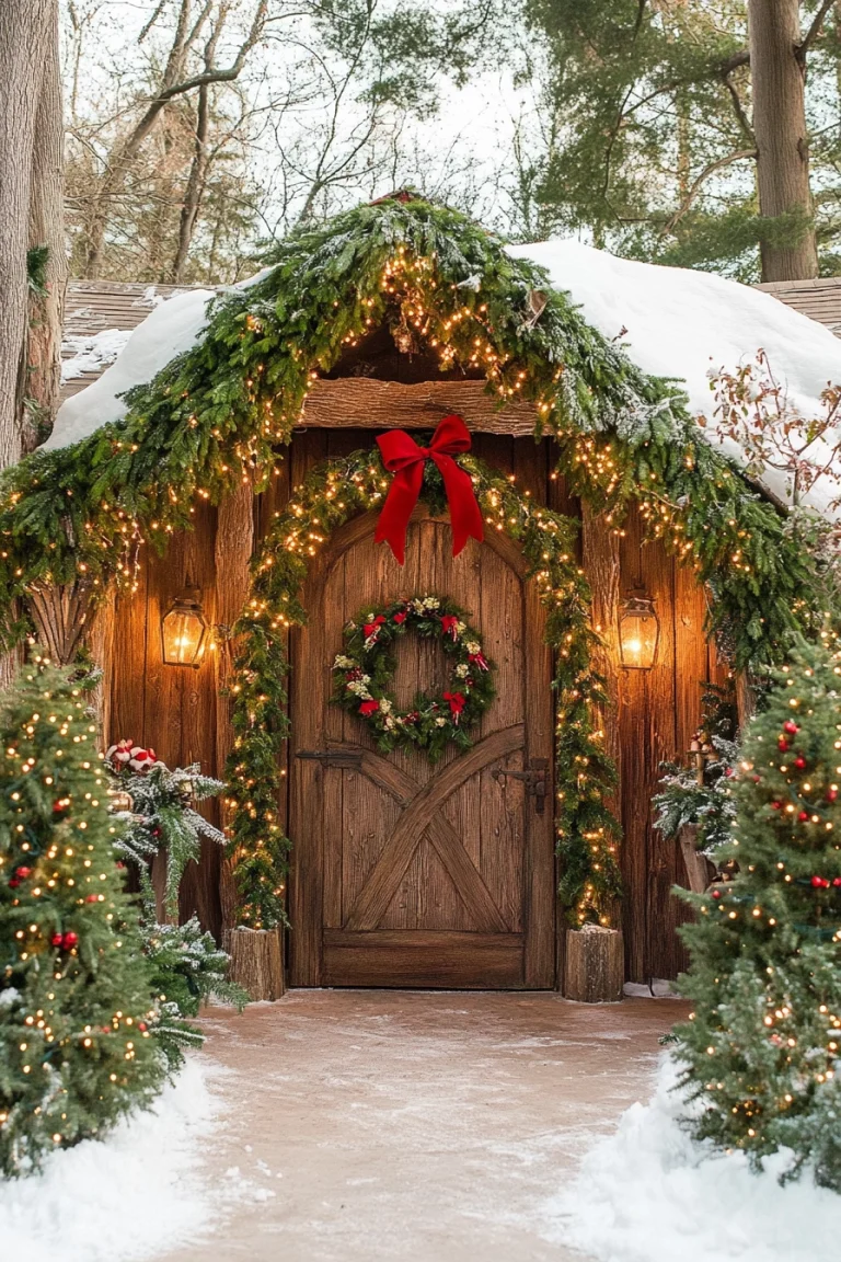A grand entrance to your Santa’s Workshop event with fresh greenery garlands, festive wreaths, bows, and twinkling lights to welcome guests into the holiday magic. – Santa's Workshop Christmas Holiday Party Outdoor Decor and Entrance Ideas