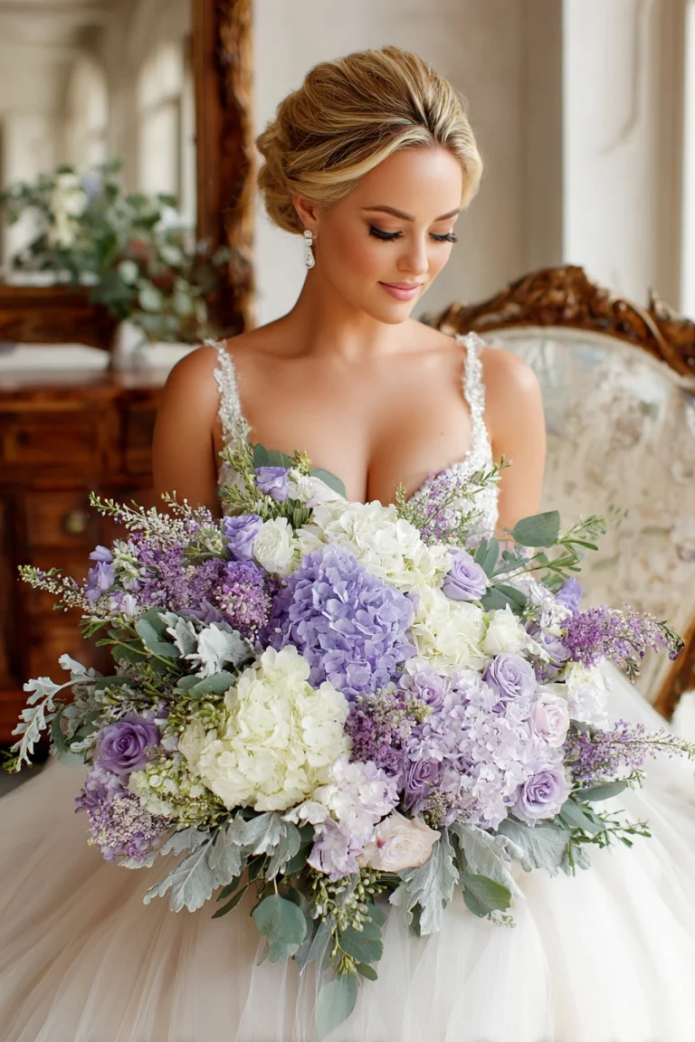 Hand-Tied Lilac and Peony Bouquet for Elegant Spring Brides A lush bouquet of French lilac, cream ranunculus, and peonies, styled for heirloom-inspired weddings. Soft textures and a hand-tied shape make it perfect for bridal portraits and church ceremonies. Purple and White Wedding Bouquet