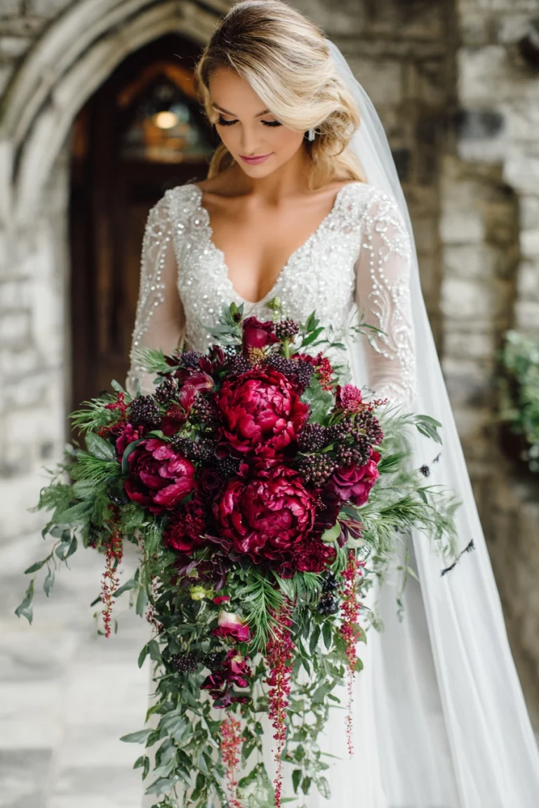 Moody Cascading Bridal Bouquet With Wild Berries Velvety peonies and cascading greens create a bouquet that’s romantic but far from traditional. With wild berry accents and a shadowy color palette, it’s made for brides who want floral drama with a natural twist. A perfect match for old-world venues, this design feels intimate, sculptural, and deeply personal.