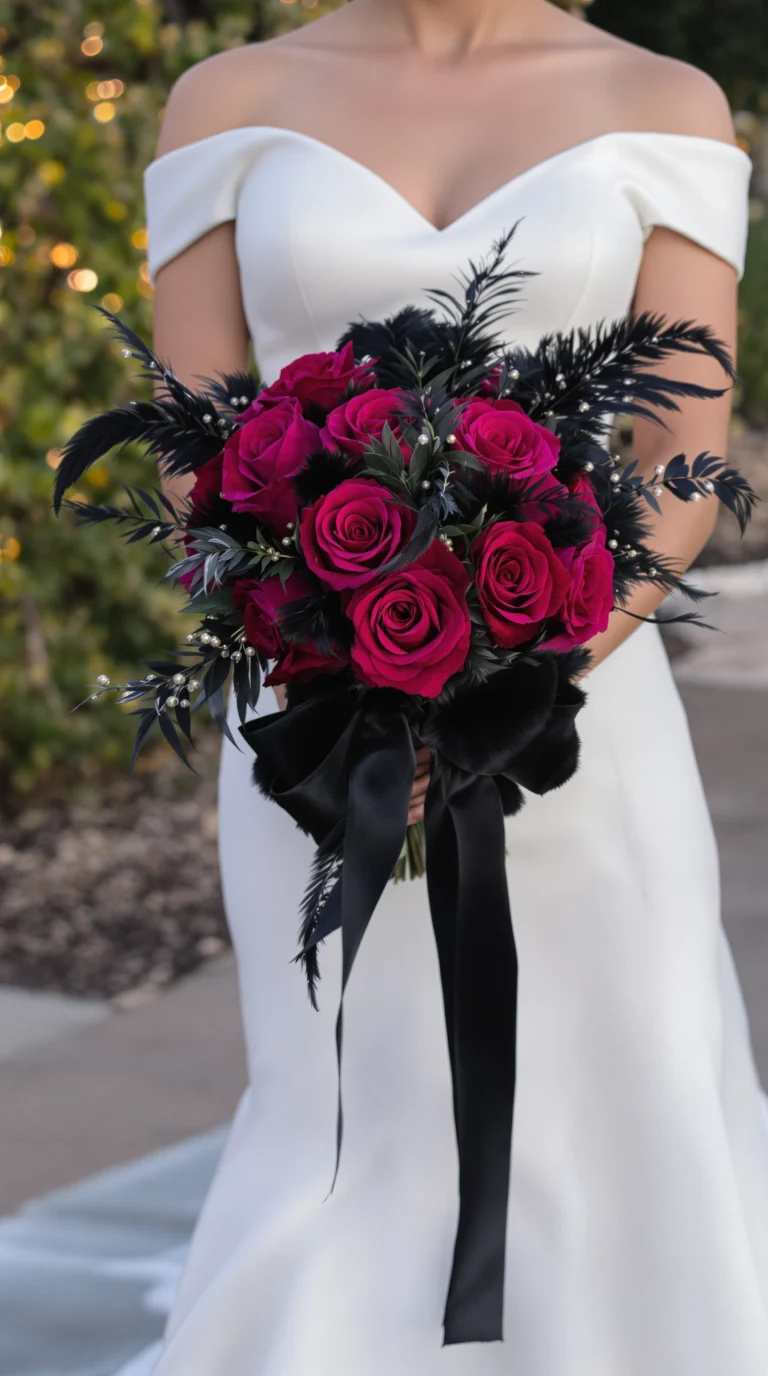 Feral Plum Plum Rose Bridal Bouquet for Moody & Halloween Weddings This lush plum rose bridal bouquet features velvety, deep wine-colored blooms paired with glossy black raven feathers for a bold, romantic look. A black faux fur bow wraps the stems, adding texture and luxury. Perfect for moody weddings, gothic romance, and sophisticated Halloween ceremonies, it’s a bouquet that blends elegance with drama.