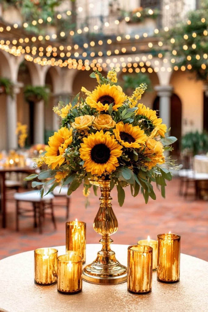 Vintage-Inspired Sunflower Wedding Centerpiece
This sunflower centerpiece shines in a brass candelabra vase surrounded by candlelight. The combination of golden blooms, metallic tones, and flickering amber candles creates a moody and elegant design. Perfect for fall wedding receptions with vintage or antique-inspired themes.