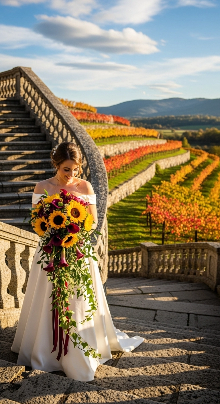 Cascading Sunflower and Maroon Calla Lily Wedding Bouquet A cascading sunflower and maroon calla lily wedding bouquet creates dramatic movement with trailing greenery and bold color. Golden sunflowers pop against the deep burgundy tones of calla lilies, making this design perfect for vineyard weddings or grand autumn celebrations.