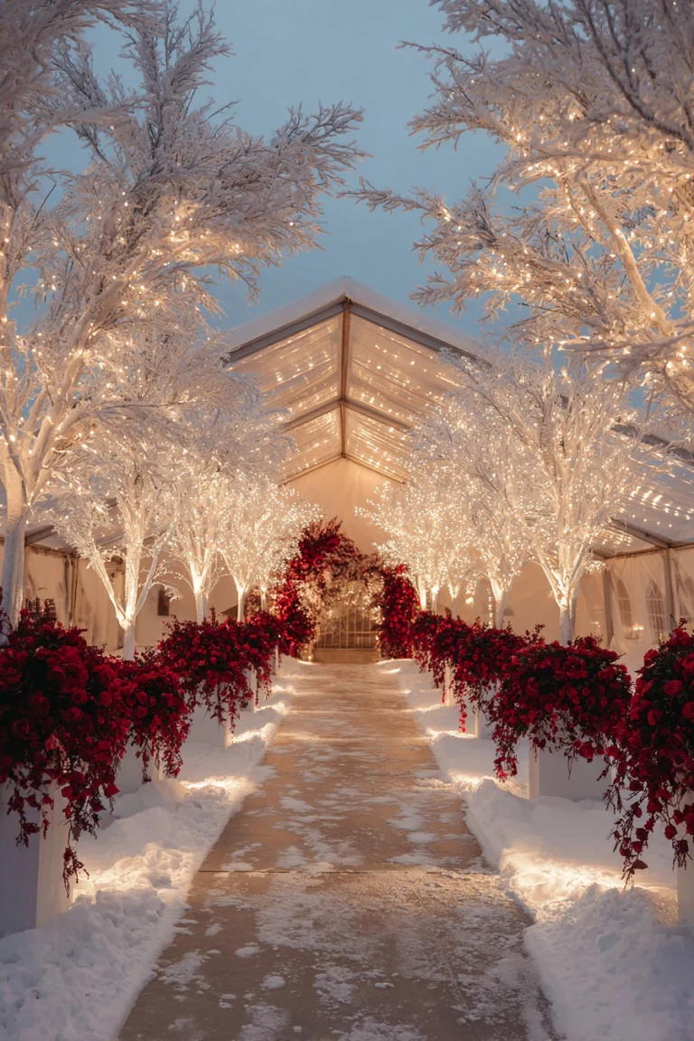 Winter Wedding Lighting Ideas for a Tented Reception Soft white draping, glowing twinkle lights, and sculptural manzanita branches create a dreamy holiday atmosphere inside this black and white buffalo plaid Christmas wedding. The lighting shifts from bright and airy by day to warm and golden by night—pure winter magic.