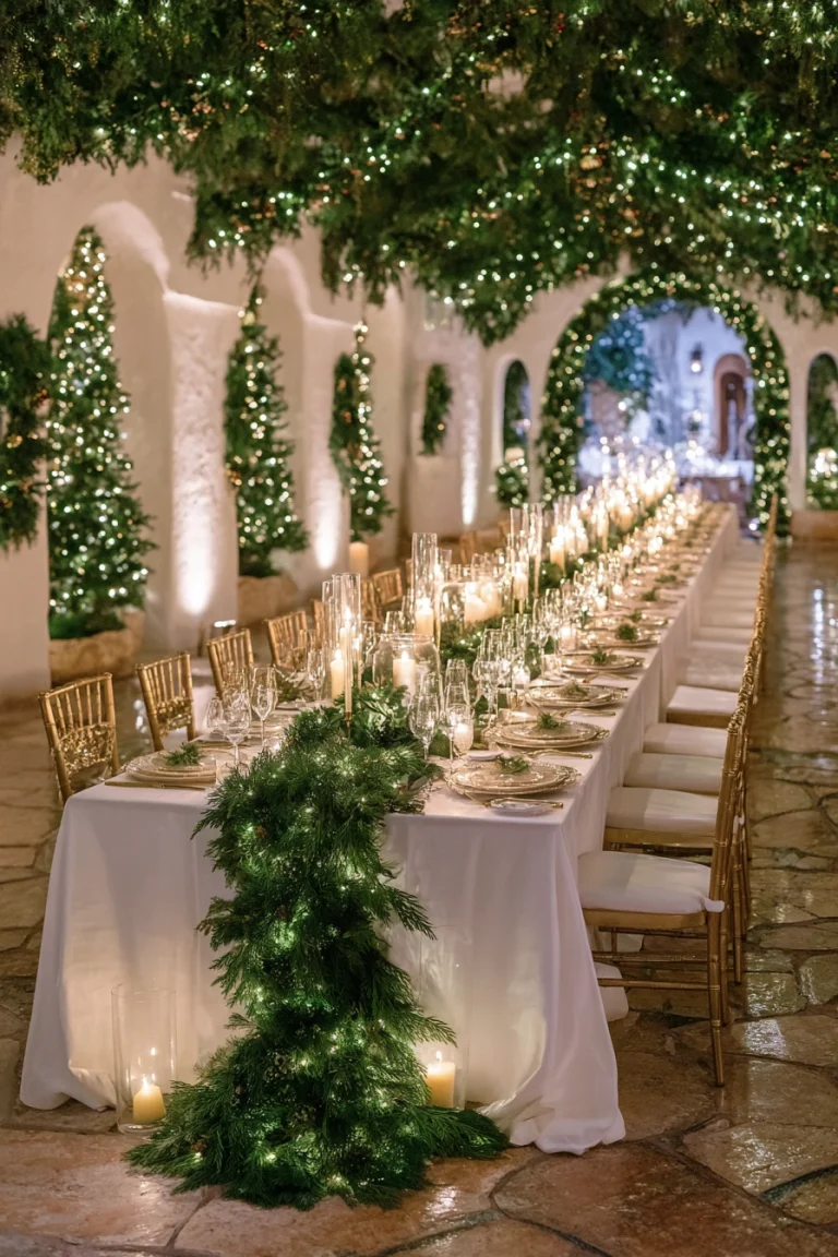 Evergreen Garland Tablescape with Fairy Lights and Candle Glow For a timeless winter wedding, nothing rivals the elegance of evergreen garlands illuminated by hundreds of tiny lights. This luxe tablescape combines sculptural greenery, gold accents, and soft candlelight for a warm yet sophisticated aesthetic — a modern take on classic holiday romance that feels chic, cinematic, and endlessly photogenic.