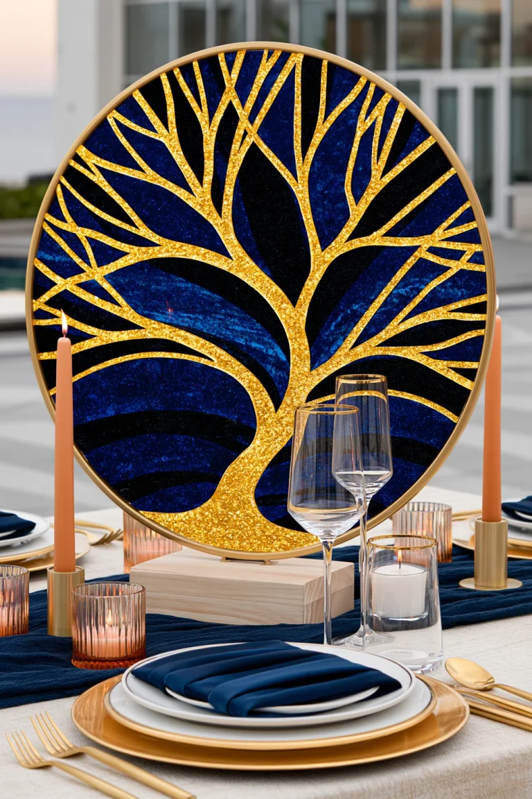 Cobalt and Gold Wedding Tablescape with Gold Branch Centerpiece. Navy linens, gold chargers and a sculptural gold branch centerpiece with barely a flower in sight, a budget-friendly reception table idea for Art Deco weddings in cobalt blue, royal blue, gold and ivory.