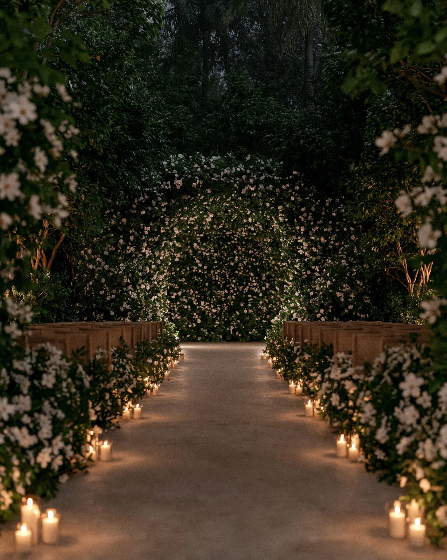 A nighttime indoor wedding ceremony setup with a green fern and white daisy installation at the altar and rows of guest chairs down the aisle