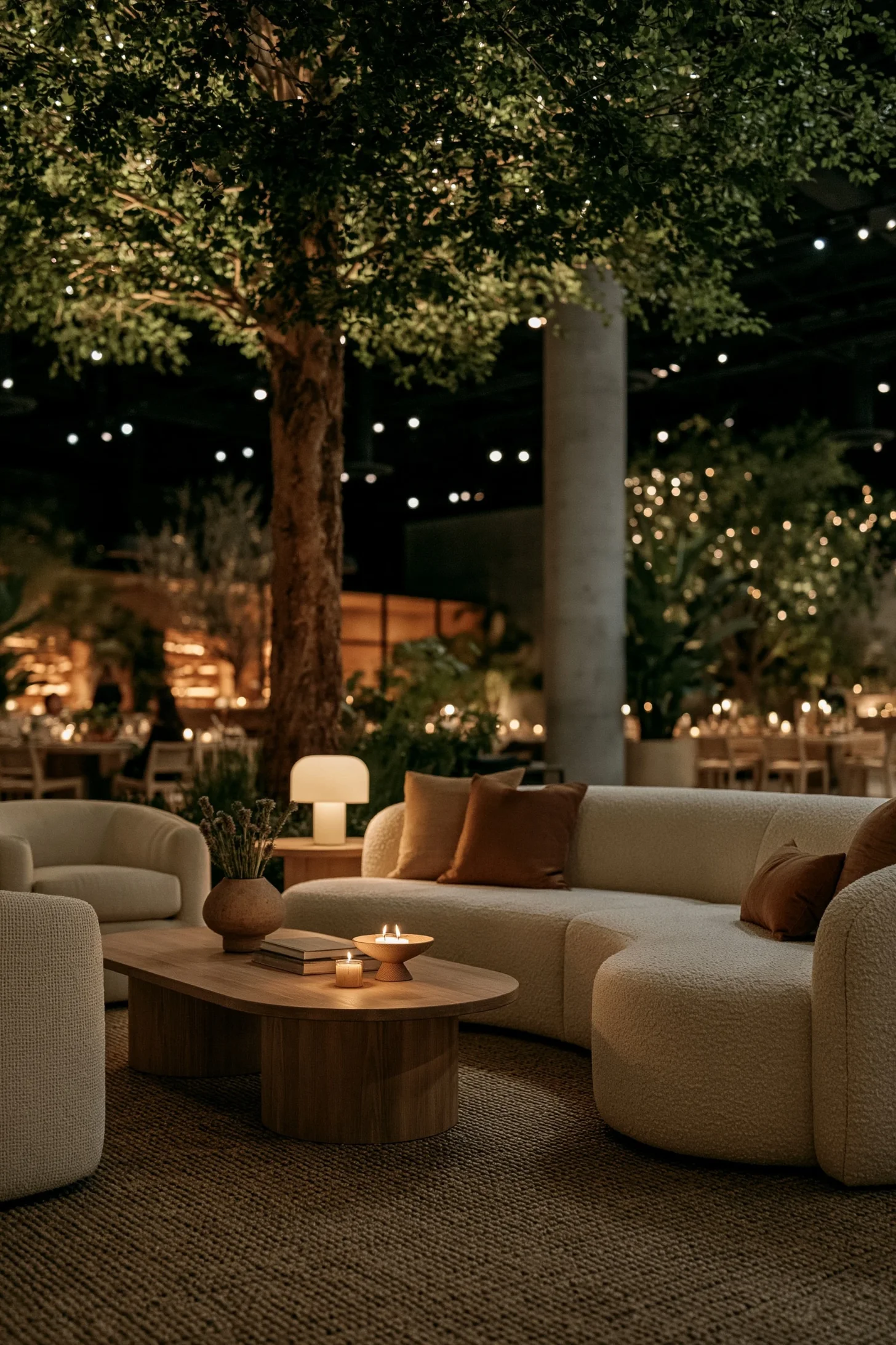 A moody wedding lounge vignette with rental sofas and armchairs surrounded by ferns and greenery