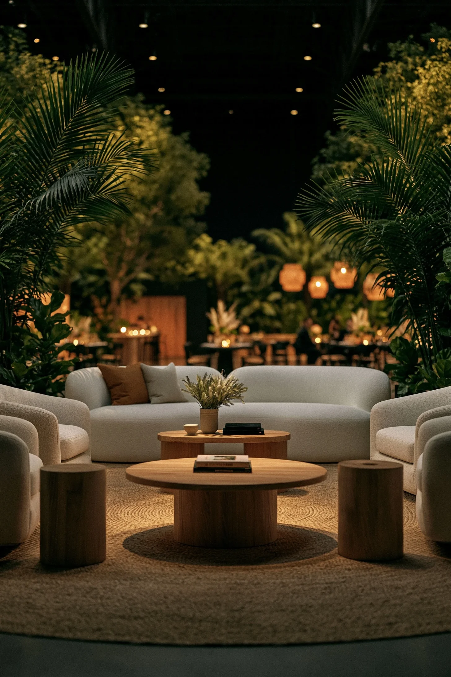 A dark green wedding lounge with low tables, layered seating and warm candlelight inside a larger reception