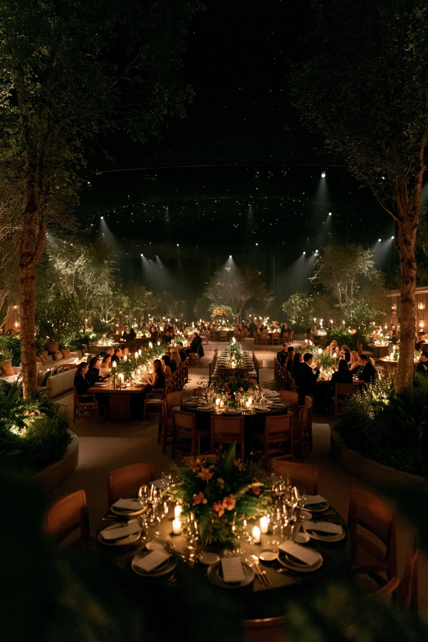 A wide view of a dark nighttime wedding reception in a large pillared venue with trees, greenery and string market lights overhead